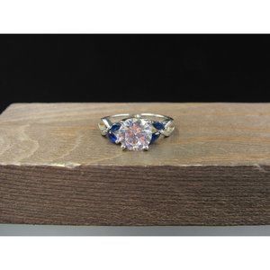 Size 7 Sterling Silver Brilliant Round CZ With Blue Spinel Accents Band Ring